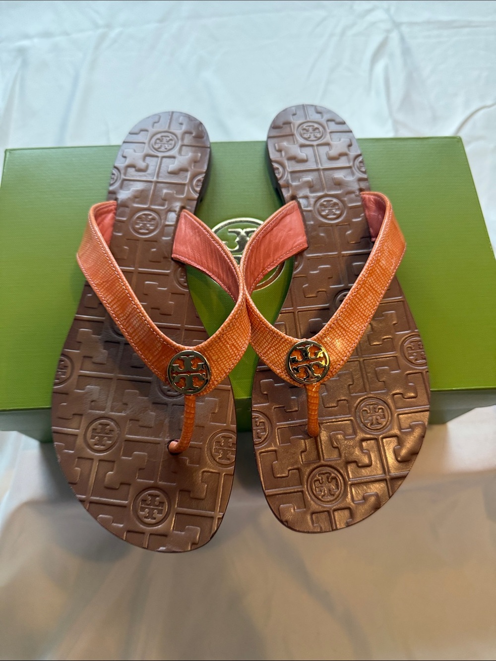 Tory Burch Orange Logo Thong Sandals with Bronze Soles